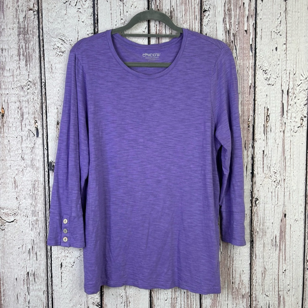 Chico’s 2‎ Large Purple Slub Knit Tee 3/4 Length Sleeves Button Cuff Details Top